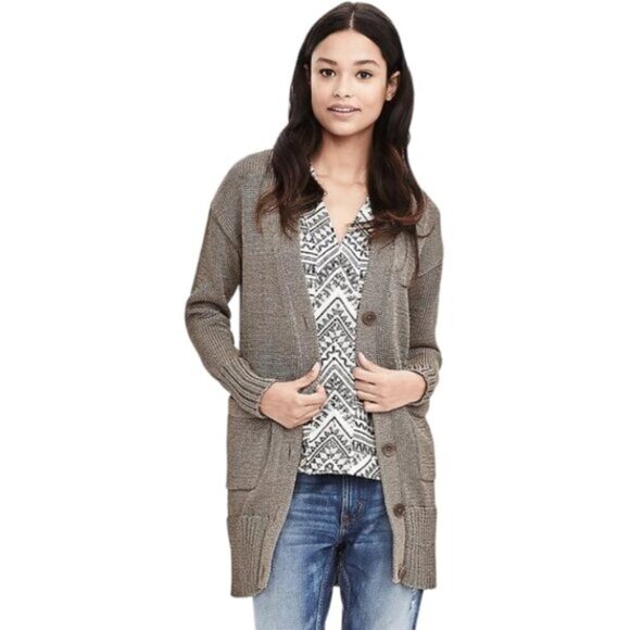 Banana Republic Metallic Chunky Knit Long Cardigan Sweater Champagne Size Small - Picture 1 of 15